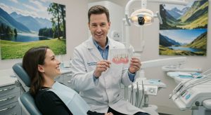 A dentist and patient discussing biomimetic dentistry, focusing on tooth-like restorations