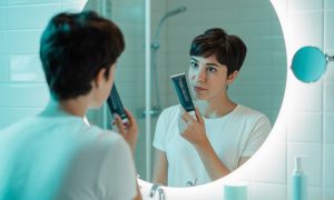 A woman with a short hair holding charcoal toothpaste infront of a mirror