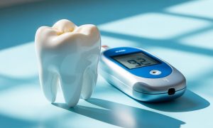 An image of a tooth illustrating how diabetes can impact oral health, leading to gum disease