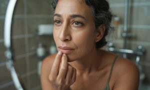 Patient checking mirror for silent signs of oral cancer, such as sores or discoloration