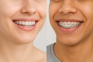 An image of a person wearing invisalign (clear aligners) and a person wearing traditional braces