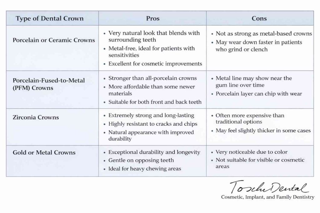 A table illustration of types of dental crowns and its pros and cons