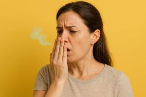 Woman covering mouth with odor cloud on yellow background, showing how to get rid of bad breath and what causes it.