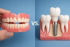 an image comparison of dentures vs. implants on a blue background