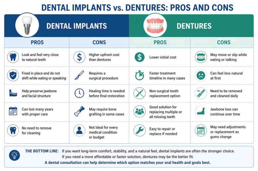 an image of a table comparison of denture implants vs. dentures
