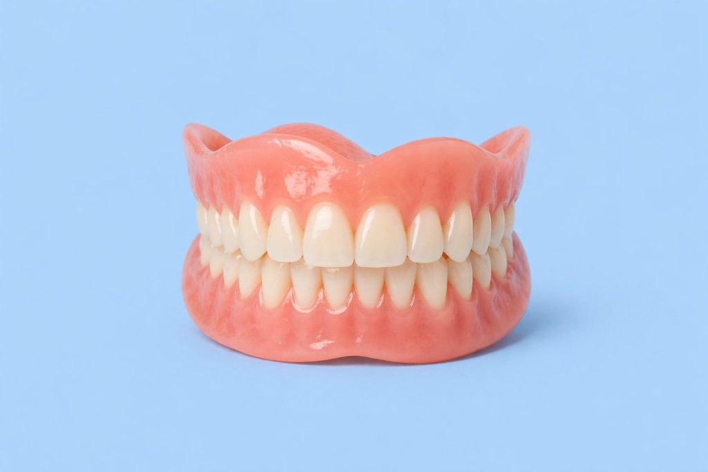 an image of a full mouth denture on a light blue background