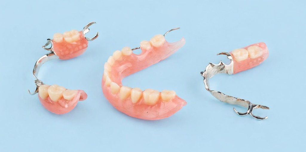 an image of three partial dentures examples on a light blue background