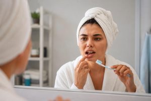 an image of a woman looking at the mirror thinking, "Why Do My Gums Bleed When I Brush My Teeth?"